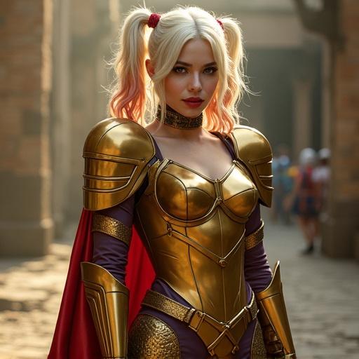 A character resembling Harley Quinn dressed in golden armor. The armor is intricate and detailed, giving a sense of power and strength. Long hair with ponytails, red and white colors complement the armor.