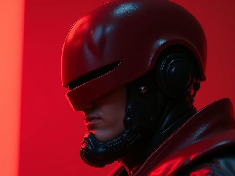 Robocop scene featuring full view of a robotic figure. SFX aspects like monogon and porcelain mask apparent. Vignette with photorealistic dramatic lighting. Soft painting style highlighted. Specter's cowl evident. Art styles inspired by Greg Rutkowski, Hajime Sorayama, and Hassan Mossoudy visible. Macro view included with photocollage elements and elegant appearance in blood red tones.