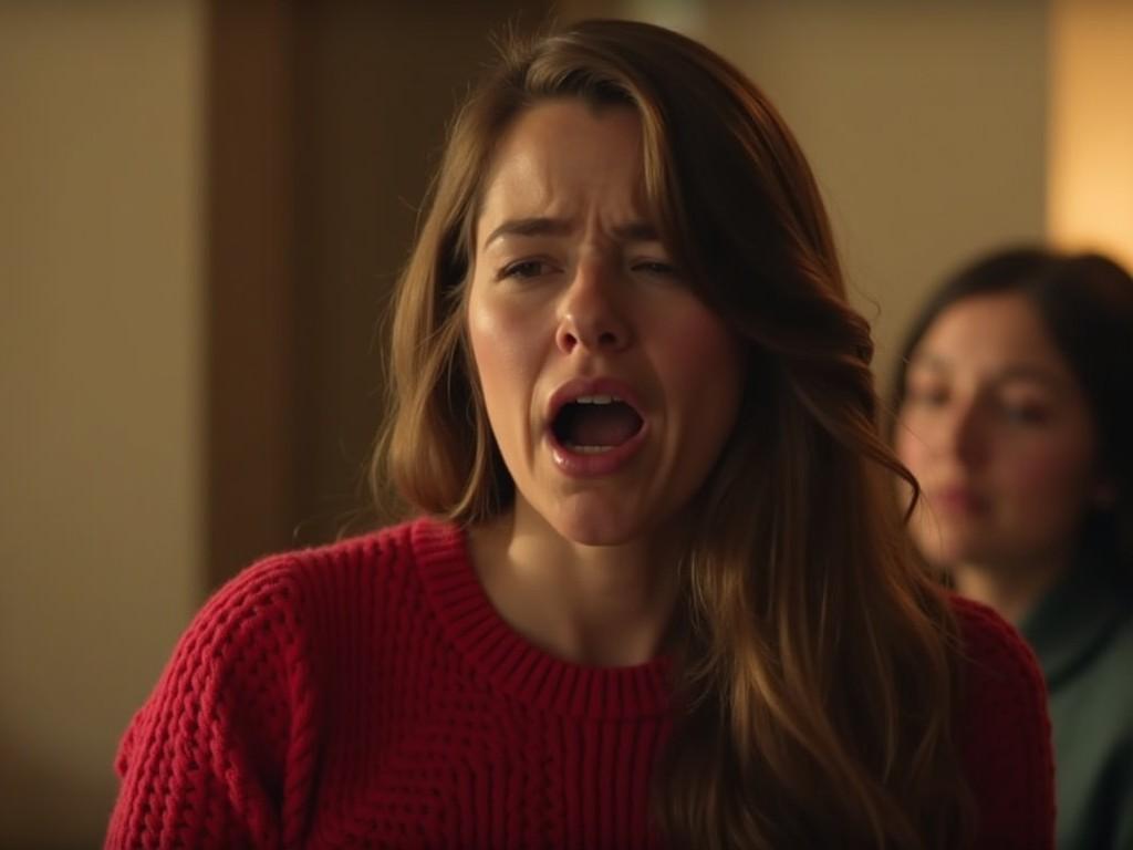 The image depicts a woman with long hair, wearing a red sweater, expressing a strong emotion. She appears to be in a moment of deep feeling, with her eyes closed and mouth slightly open. The background is softly blurred, suggesting a cozy indoor setting. Another person can be partially seen in the background, indicating that she might be in a conversation or an emotional moment with someone close. The lighting is warm, adding to the intimate atmosphere of the scene.