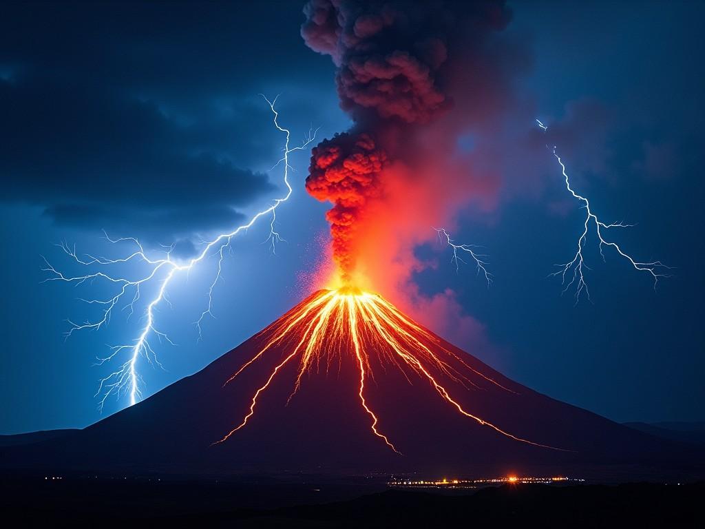 The image depicts a magnificent volcano erupting fiercely. Bright red and orange lava spews from the volcano, creating a dramatic scene. In the background, powerful lightning strikes illuminate the dark, stormy sky. The contrast between the bright lava and the dark clouds adds to the intense atmosphere. This breathtaking natural phenomenon captures the power of nature in a stunning visual display.