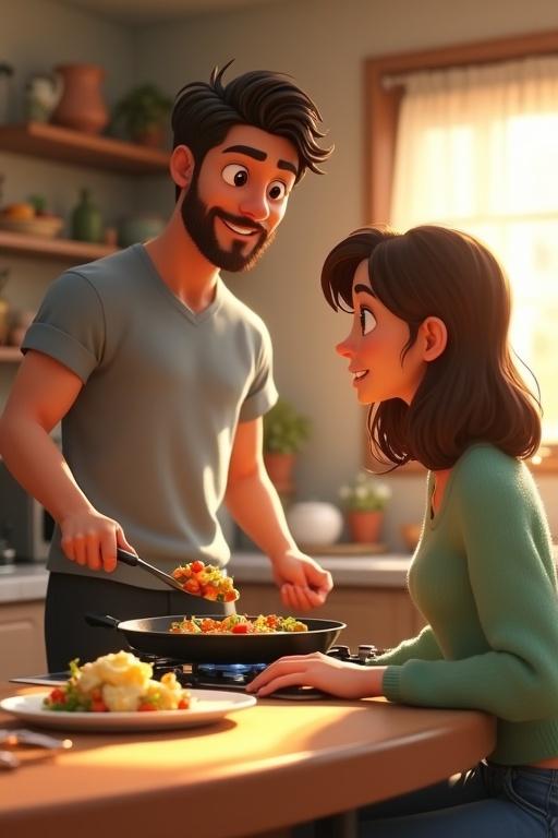 Highly stylized cartoon scene set in a vintage-style kitchen. A man with dark hair and a beard flips vegetables in a pan. He wears a grey T-shirt and has a soft smile. A woman with brown hair sits at the counter in a green sweater, looking at him happily. A table displays a plate of chicken, mashed potatoes, and salad. Warm light fills the kitchen.