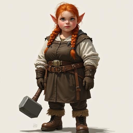 A semi-realistic female dwarf character in a frontal view body shot. Character has ginger braided hair, green eyes, serious yet sweet expression. Short stature, curvy and muscular body. Wearing leather boots, gloves, head kerchief, and leather apron. She holds a big hammer in one hand.
