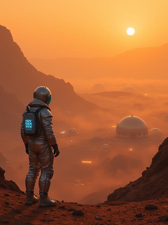 Photograph showing a Martian explorer on a ridge. Explorer wears a silver spacesuit and a blue visor. Gazing at a settlement in the distance. Settlement has dome structures glowing orange. The horizon has a faint sun rising. Orange fog swirls in the Martian landscape. The scene feels mystical and serene.