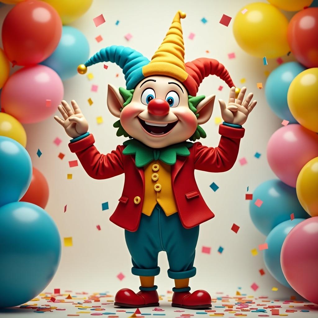 Cheerful clown character stands with arms raised. Colorful balloons in background with confetti scattered. Bright colors and festive atmosphere.