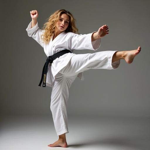 Martial artist in karate gi performing a front kick. The focus is on the athletic form and technique. The background is neutral to emphasize the subject. Barefoot detail is visible in the stance.