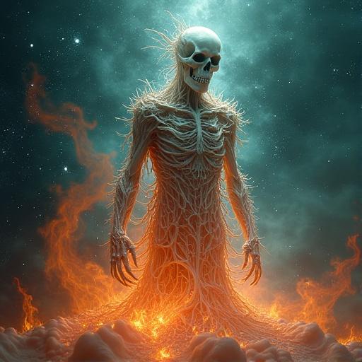 A towering skeletal figure made of twisted white and pale gray branches emerges from a fiery vortex. It has gnarled limbs reaching upwards against a deep teal cosmic backdrop filled with stars and cosmic dust.