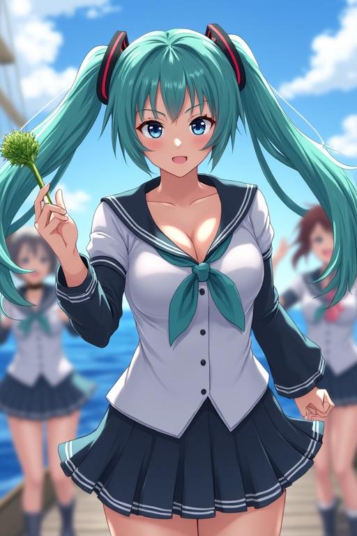 Hatsune Miku wearing a low-cut sailor uniform. She holds a leek in her left hand. She dances with other female sailors on the deck of a Japanese frigate.