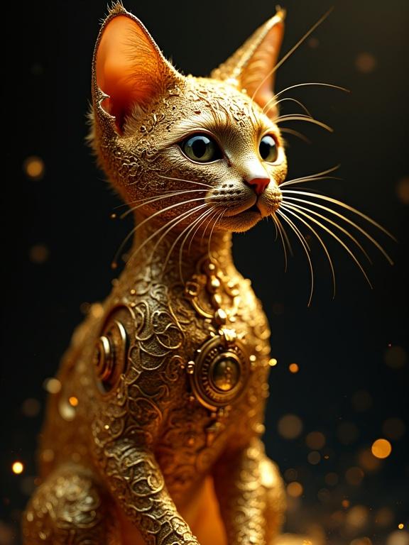 A golden clockwork cat adorned with intricate filigree. It sits against a dark abstract background. The scene captures high detail and photorealism with dramatic chiaroscuro lighting. The artwork is designed in cinematic style with hyper realism, showcasing shimmering golden hues and a mystical presence.
