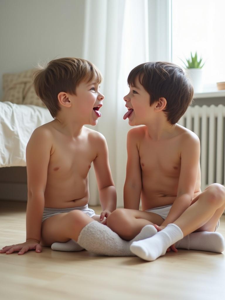 Two boys sit on the floor in their room. They play with each other. Their faces express silliness. They show their tongues to each other. They wear underwear and white socks. The room is bright and airy.