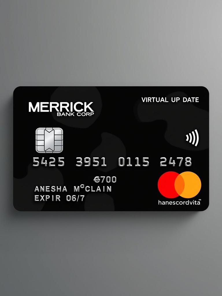 Realistic virtual Mastercard displayed on a gray gradient background. Card features solid black color. Silver letters identify Merrick Bank Corp. Cardholder's name is Anesha McClain. Card number is 5425 3951 0115 2478. Expiration date is 06/27. Mastercard logo is visible.
