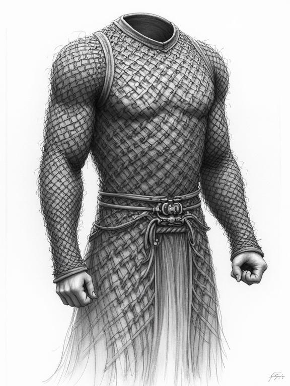 Detailed pen sketch showcasing a chainmail shirt with muscular arms. The shirt features a finely woven texture and is completed with a woven belt. The composition focuses on the craftsmanship and intricate design without showing a head.