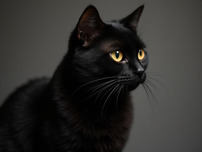 Black cat with striking golden eyes. Close-up profile view. Soft lighting accentuates cat's features. 