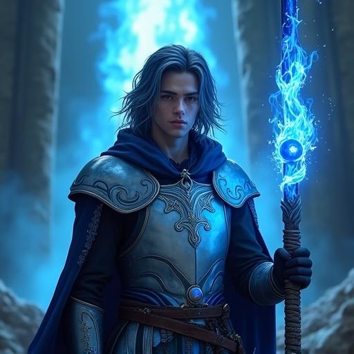 Young man with flowing hair stands calmly. Hair shifts between ash-blue and black. Wears light armor called Guardia Blue with a silver chest plate. Robe-like garment has azure flame embroidery. Hooded cloak with navy lining drapes over shoulders. Magical rune on left shoulder. Holds tall staff named Rumble Flare. Staff has blue orbs and is wrapped in leather. Ethereal blue flames swirl around the staff. Background shows dim forest or ancient ruins. Tall pillar of blue flames spirals upward behind him.