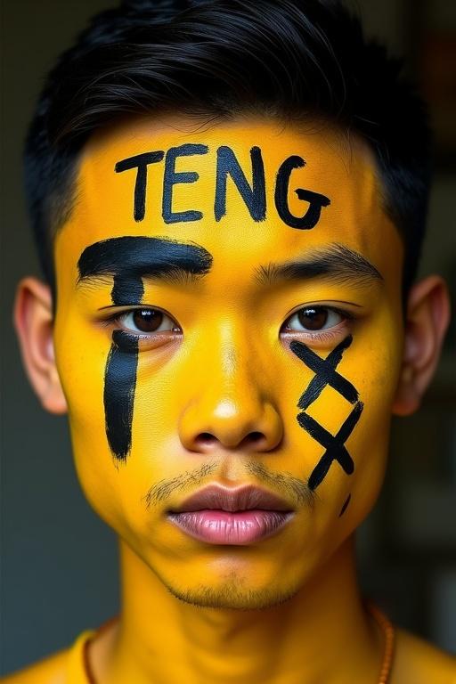 Image of a young man with bright yellow face paint and bold black markings. Prominent letters and symbols painted on his face. Artistic expression and individuality are highlighted.