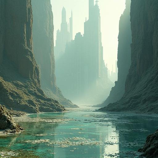 A serene canyon reveals a futuristic city skyline shrouded in mist. Broken mirrors scatter light along the canyon floor. Water flows gently through the scene. Shimmering reflections hint at past and future. Nomads roam, scanning the landscape for prophecies.