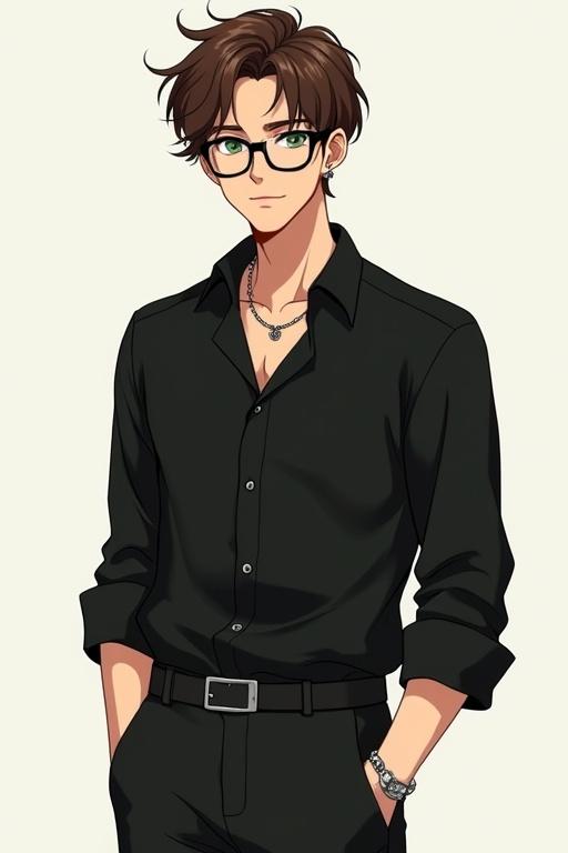 Illustration of a tall boy character. Character has brown hair and green eyes. Wearing a black shirt and pants. Hands in pockets. Silver chain around neck. Full body view. Manhwa art style.
