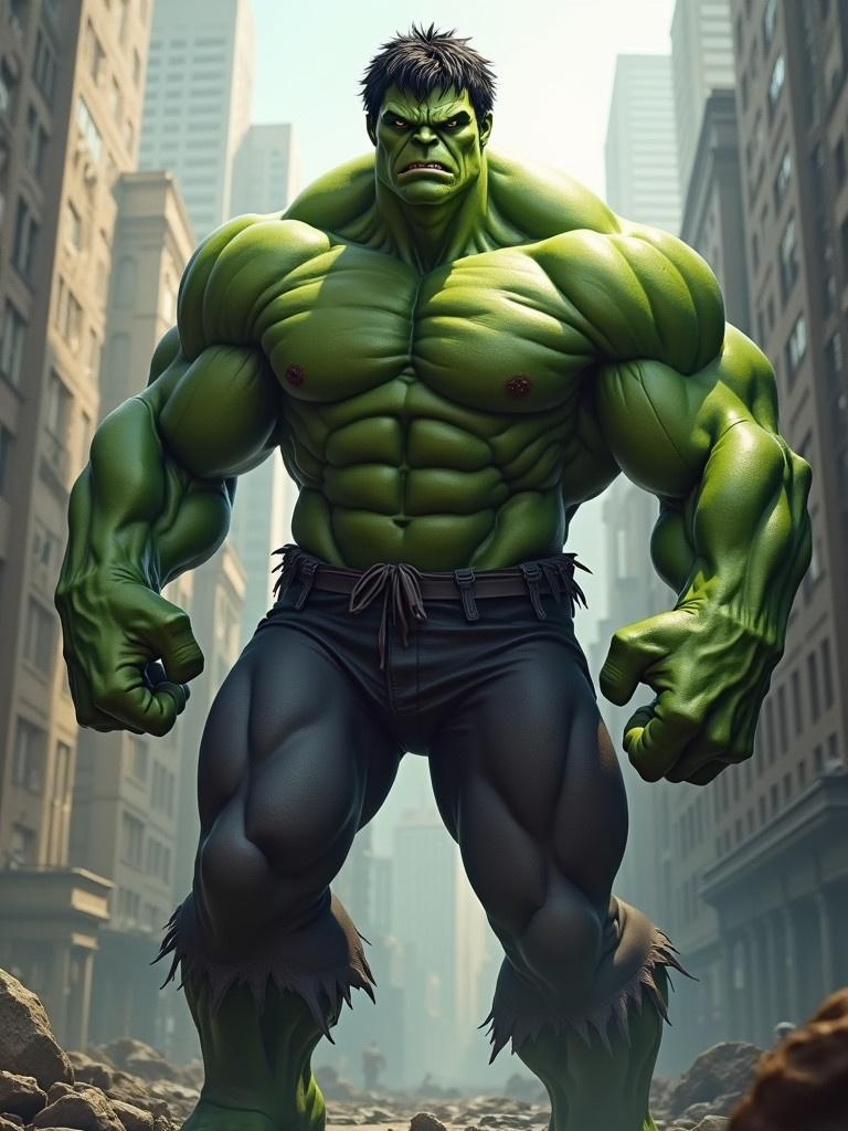 A large muscular superhero stands confidently in an urban environment. The character is green with bulging muscles and wearing shorts. The background includes skyscrapers and city streets.