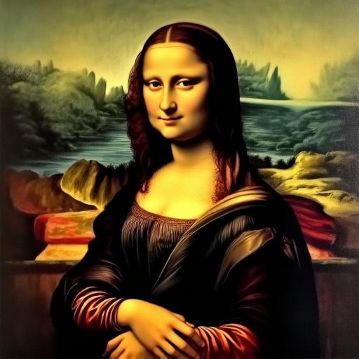Portrait of a woman named Mona Lisa. Painting features soft lighting and serene landscape background.
