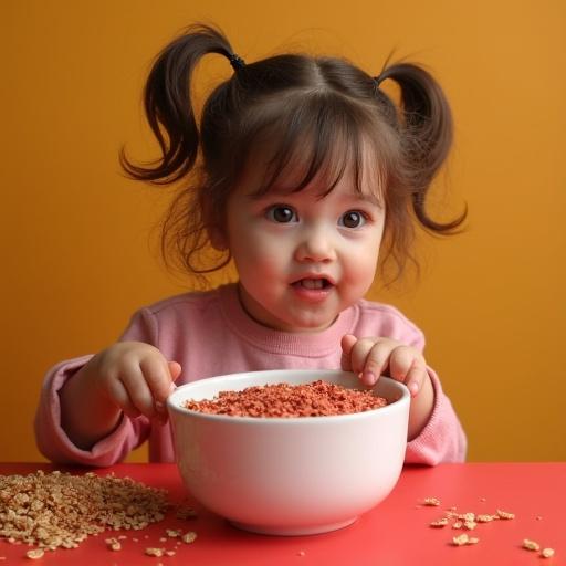 Generate an image of a girl eating from a bowl of red cereal