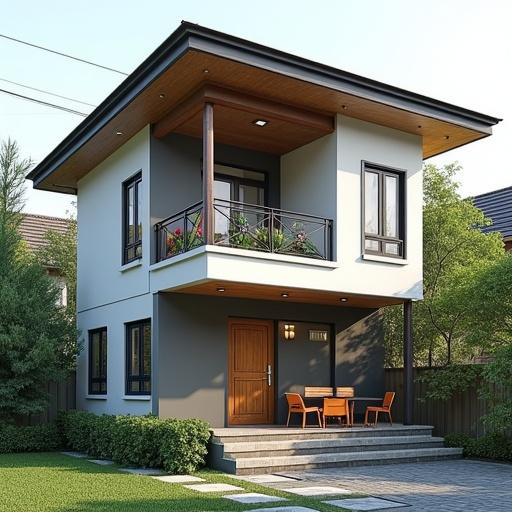 Visual catalog of business services for design, image, cost estimation, and 3D visuals. House shown is a one-story residential building with a tiled roof, typical of Indonesia. Front view of the house split into two sides. Left side has terrace and living room with door on the right. Right side has garage in front of bedroom with a window positioned one meter above the bedroom floor.