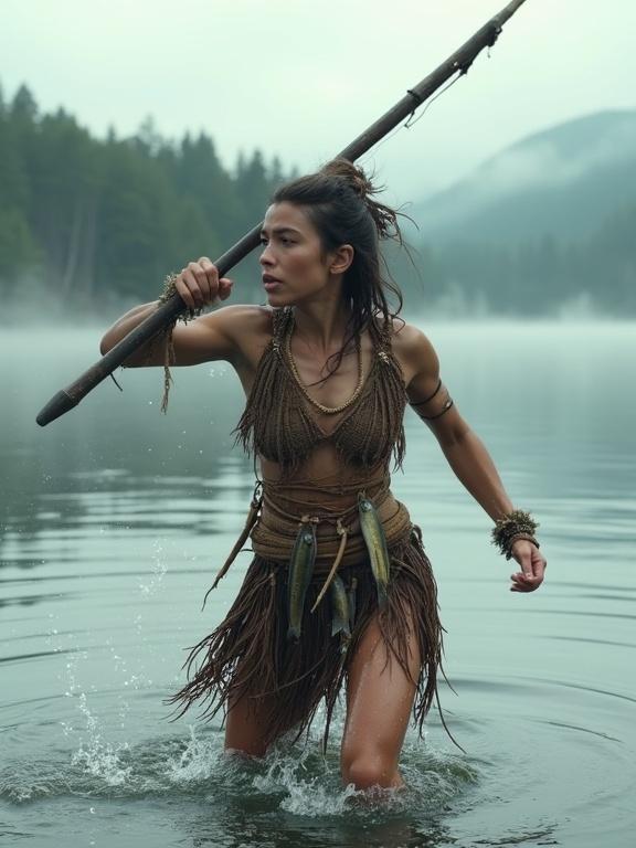 Photorealistic portrait of a neo-stone age huntress in a lake at dawn. She throws a harpoon at a fish. Dynamic posture and fierce expression. Hair tied back with natural fibers. Wears a handmade net blouse and bark-fiber skirt. Fresh fish on her belt. Misty background with forest and hills. Cold light and realistic water splashes.