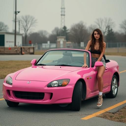 Woman sitting on the hood of a pink Honda S-2000 in a retro 90's filtered style. The image has a grainy texture reminiscent of older photographs.