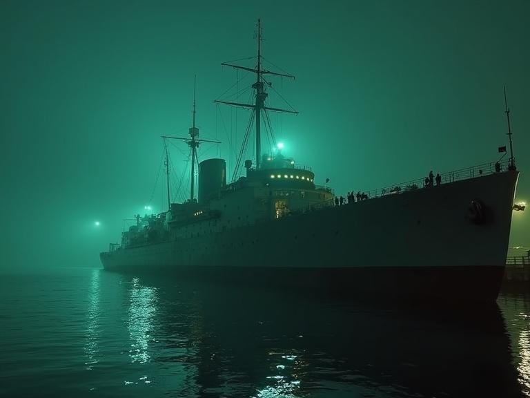 Military ship from the 1940s docked at a naval base glowing with a green-blue light in a foggy setting
