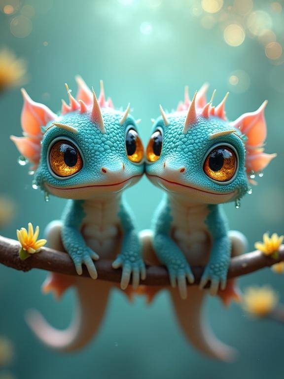 Two identical fantasy lizard-like creatures perched on a branch. Rounded heads with large circular eyes. Small bodies gripping twig. Textured scales with aqua and teal colors. Short pointed ears and small spines. Clear water droplets on skin. Background features dreamy bokeh gradient with flowers. Ethereal lighting and magical atmosphere.