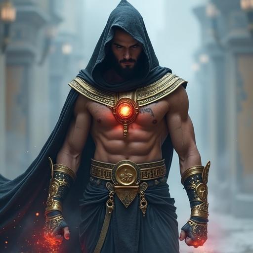 A warrior with fists as weapons, wearing Egyptian-style golden armor resembling a pharaoh. Fists glow black. Long black stylish hair, strong abdominal muscles. Red glowing pendant at neck, black hood over head. Surrounded by black mist on icy battlefield, fighting ice demons. Small scar across face, white eyes, beautiful Asian features without beard, godly look inspired by ancient Egypt.
