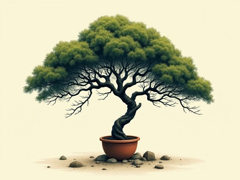 Modern screen printed poster art illustration of a miniature forest. Tree with asymmetric gnarled branches. Simple clay pot. High contrast lighting. Simple background.