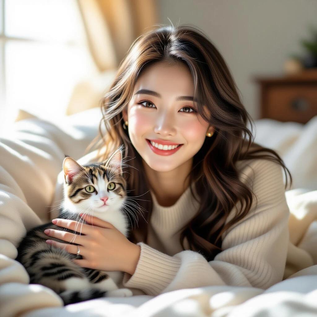 A young girl poses as a supermodel with a kitten. She has a charming face and trendy clothes. The scene is warm and bright, showcasing joy and connection between them.