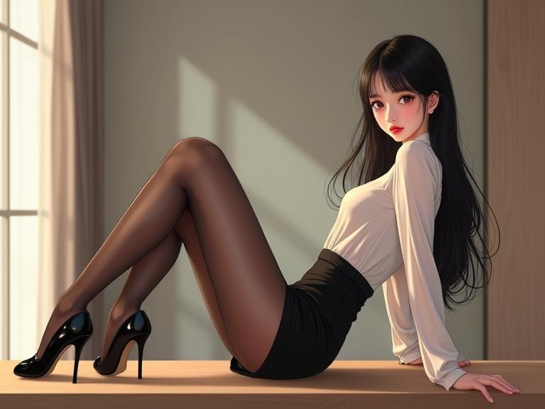 The image shows a graceful East Asian woman gracefully reclining on a table. She wears a sheer white blouse and a black mini skirt. Smooth black pantyhose and glossy heels complete the outfit. Her long, silky black hair flows down, creating a chic look. The background reveals a modern, softly lit space.