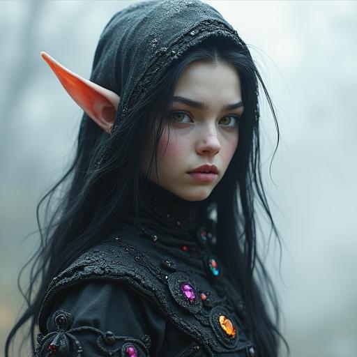 An elven character stands against a smoky background. The outfit features rainbow crystal gem stones set in a dark, grim theme. Image captures fine details with an emotional vibe. Color tones are vivid with a surrealist style appearance.