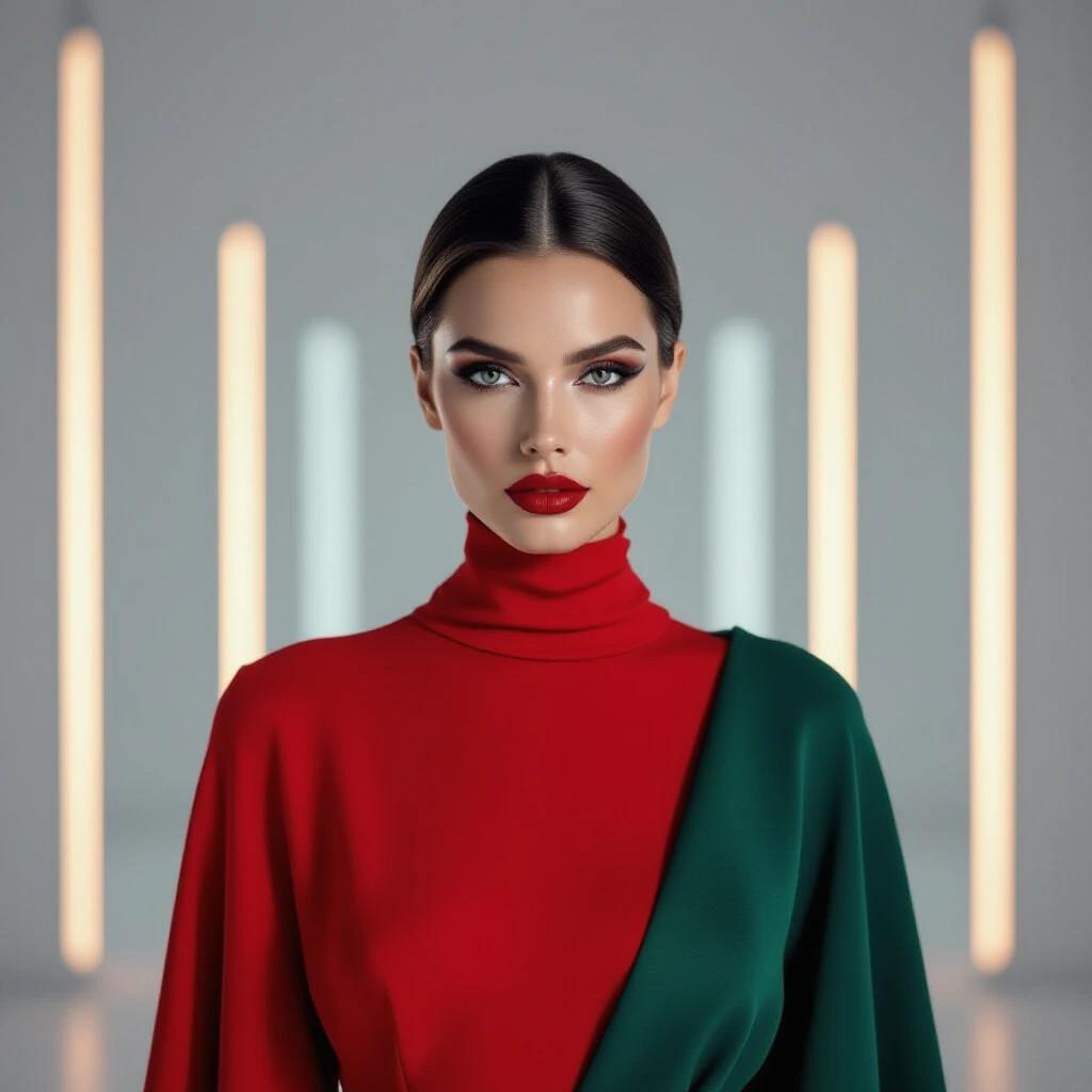 High-fashion editorial photograph styled after Vogue featuring elegant human subject centered in dynamic studio environment. Composition emphasizes dramatic lighting contrast with directional key lights creating deep shadows and sharp highlights. Richly saturated colors in wardrobe and background with bold tones like crimson red and emerald green. Artistic style is modern digital realism with cinematic enhancements, fine details in skin texture, fabric folds, and hair. Lighting setup uses volumetric softboxes and rim lights for depth. Low angle perspective with shallow depth of field to blur background elements while focusing on the subject. Post-processing effects include subtle glow around highlights, enhanced specular reflections, and polished finish.
