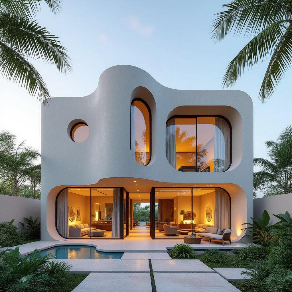 Minimal organic monolithic townhouse has curved edges with large vertical cutout windows. There is an indoor and outdoor flow. Resort style features include Japandi and African detailing.