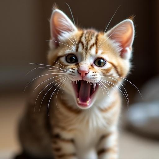 A kitten has a surprised and shocked expression. The kitten is in focus with a blurred background. The fur is striped with brown hues. The mouth is wide open as if meowing or reacting excitedly.