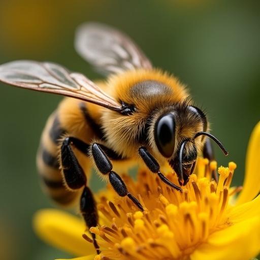 Hyperdetailed and hyperrealistic image of a bee on a flower