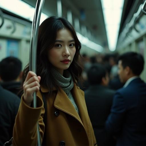 A pretty Chinese woman stands in a crowded subway during the night. One hand grips the handle. Close surroundings are men crowding around her.
