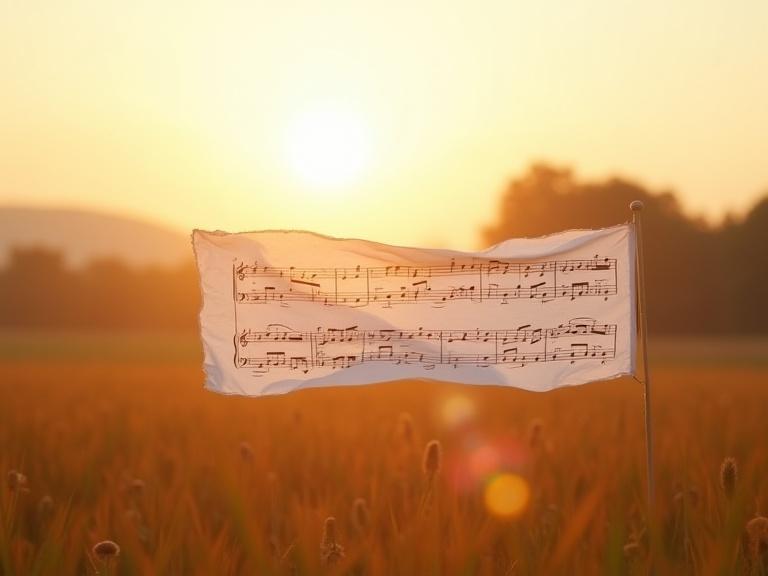 White sheet music flying gently in the wind across an empty field. Cinematic composition with golden hour lighting and shallow depth of field. Soft lens flare enhances the scene.
