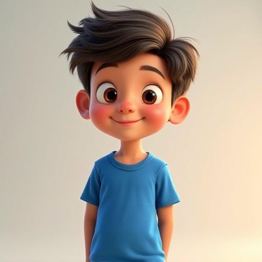 A boy wearing a blue shirt is posing with a smile. He looks happy while looking at the camera. The image is in Pixar animation style, showcasing boyish charm.