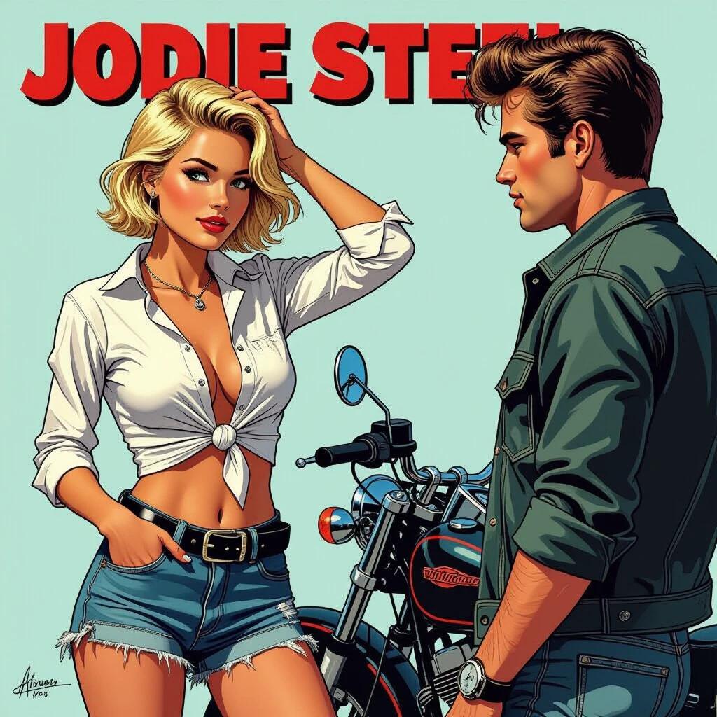 Image done in comic-strip style with photorealistic colors. Depicts a confident straw-blonde girl wearing a knotted white shirt and denim shorts. She stands face-to-face with a character resembling James Dean. The girl has a punk hairstyle with one side shaved. She wears motorcycle boots. Strong contour lines enhance the image.