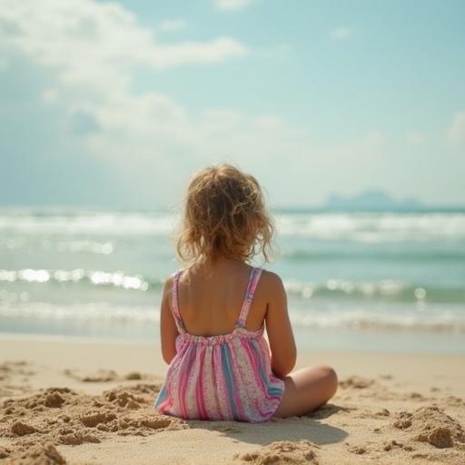 View from front. Sitting on sand. Girl with knees up.