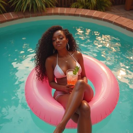 Aerial view of a glowing Caribbean woman with curly hair relaxing in a pastel float in a shimmering pool. Warm sunset colors reflect on the water with tropical plants creating a lush atmosphere. Her modern bikini and sparkling cocktail enhance a luxurious vibe.