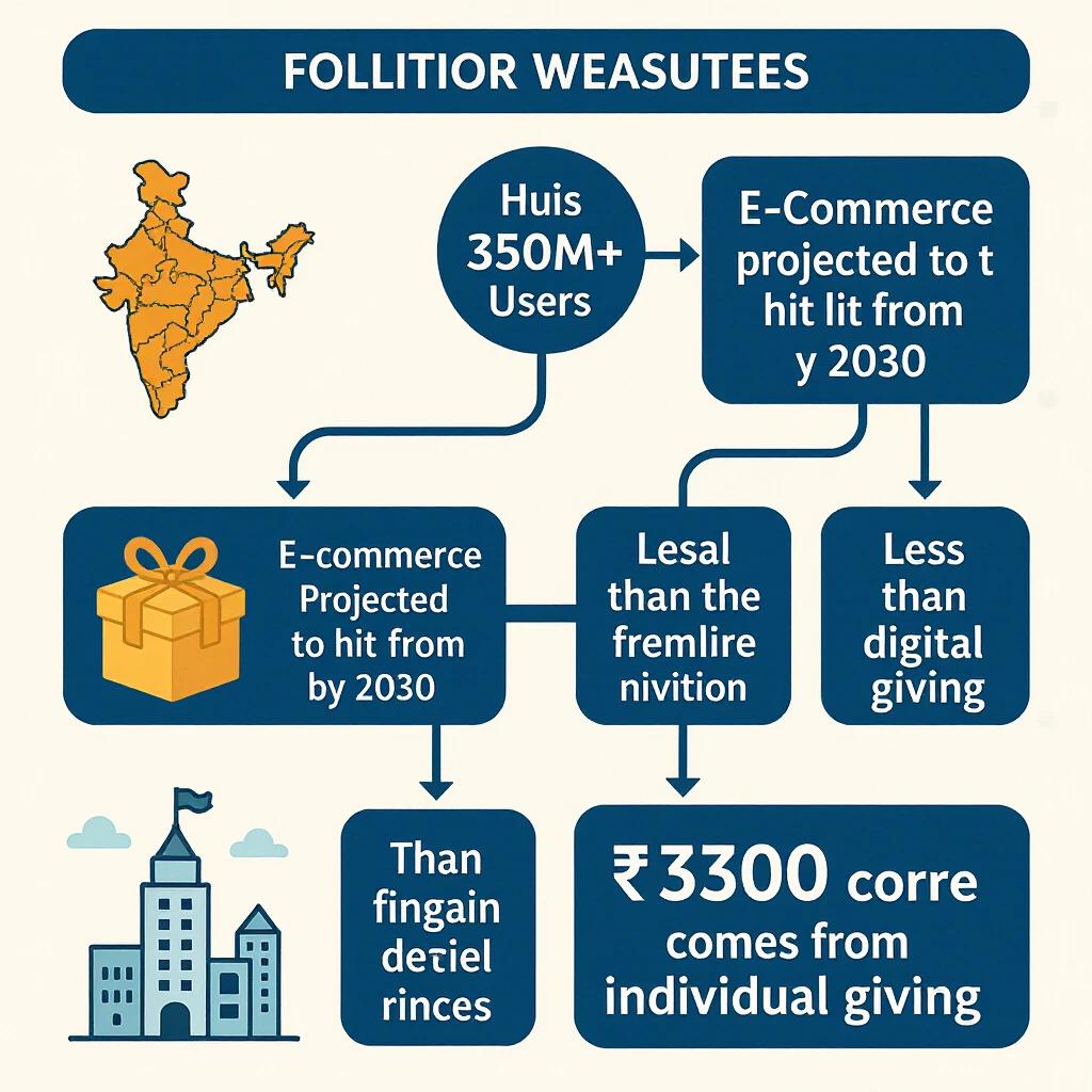 Infographic flowchart detailing statistics about UPI users in India. Highlights 350 million UPI users, projects e-commerce growth to $325 billion by 2030, and mentions less than ₹300 crore from individual digital giving.