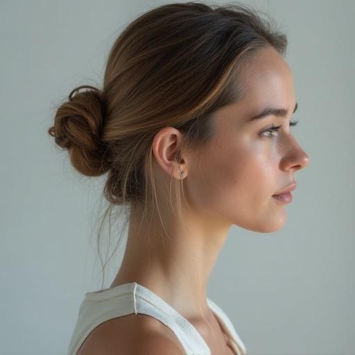 A woman in profile on a light gray background. Ultra-realistic image with soft natural lighting and sharp details. Young adult female with a bun hairstyle.