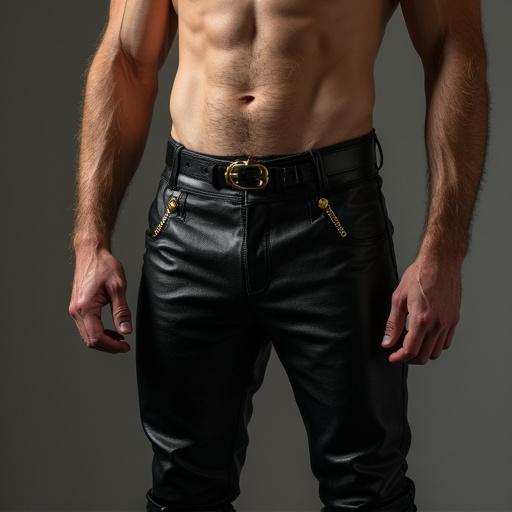 Muscular carpenter with stubble and short blonde hair. Wearing ripped black tight carpenter pants with gold zippers. The pants are held up by a wide leather belt.