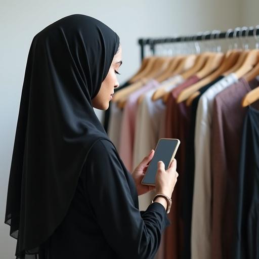 Muslim woman wearing hijab viewed from behind while using a phone. Clothes hanger visible in front. The phone screen shows scrolling action from right to left. Expressive movement implied.