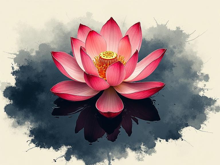 A painting of a lotus flower floating on black water with a watercolor splash and ink style. The lotus appears vibrant with pink petals and a yellow center.