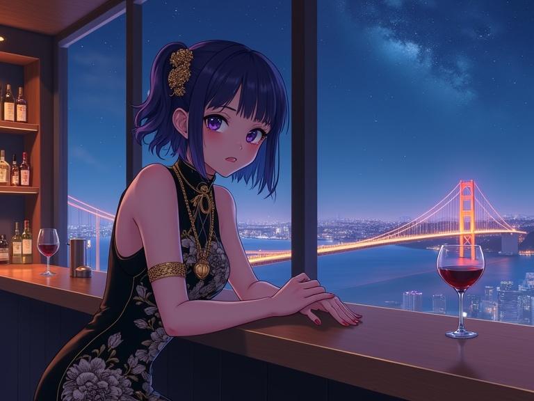 Beautiful anime-style lady leans on wooden bar counter inside high-rise lounge. Large panoramic window shows cityscape with a suspension bridge. Lady has dark violet hair and confident expression. Wears a black dress with floral patterns. Wine glass sits on counter.