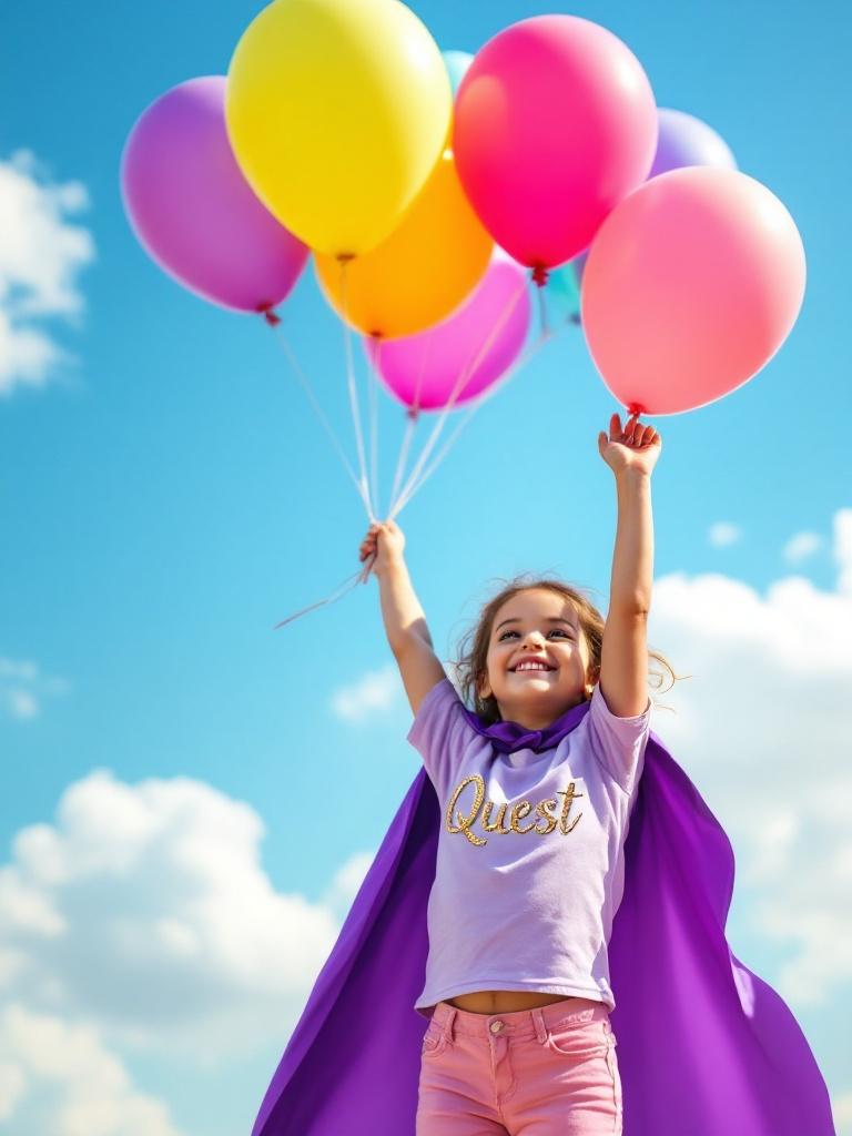 Image of a happy girl holding colorful balloons. She wears a purple cape and a shirt with Quest written on it. Background shows a clear blue sky with fluffy clouds. Girl appears to be gently lifted off the ground.